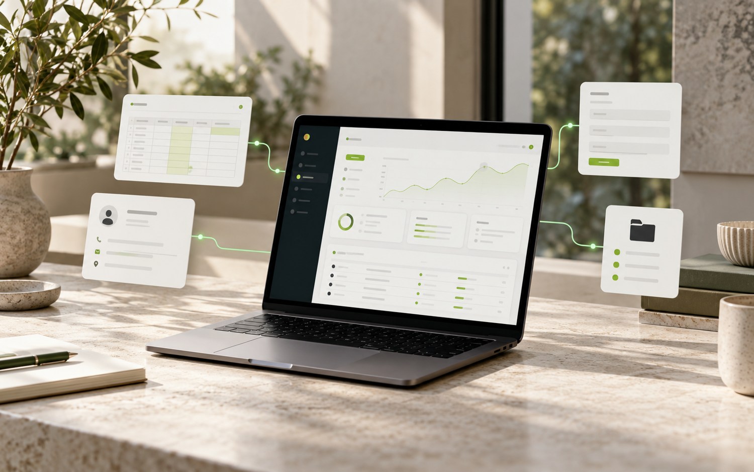 Illustrative connected forms, reporting and CRM workflow on a laptop